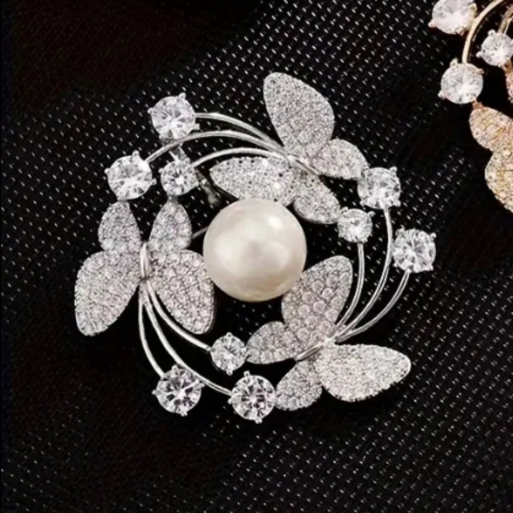 Butterfly Rhinestone Pearl Brooch Pin Silver